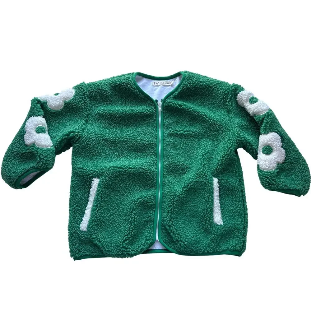 Pip & Lenny Kids Teddy Fleece Green & White Flowers Zip Up Sweater Size 4y